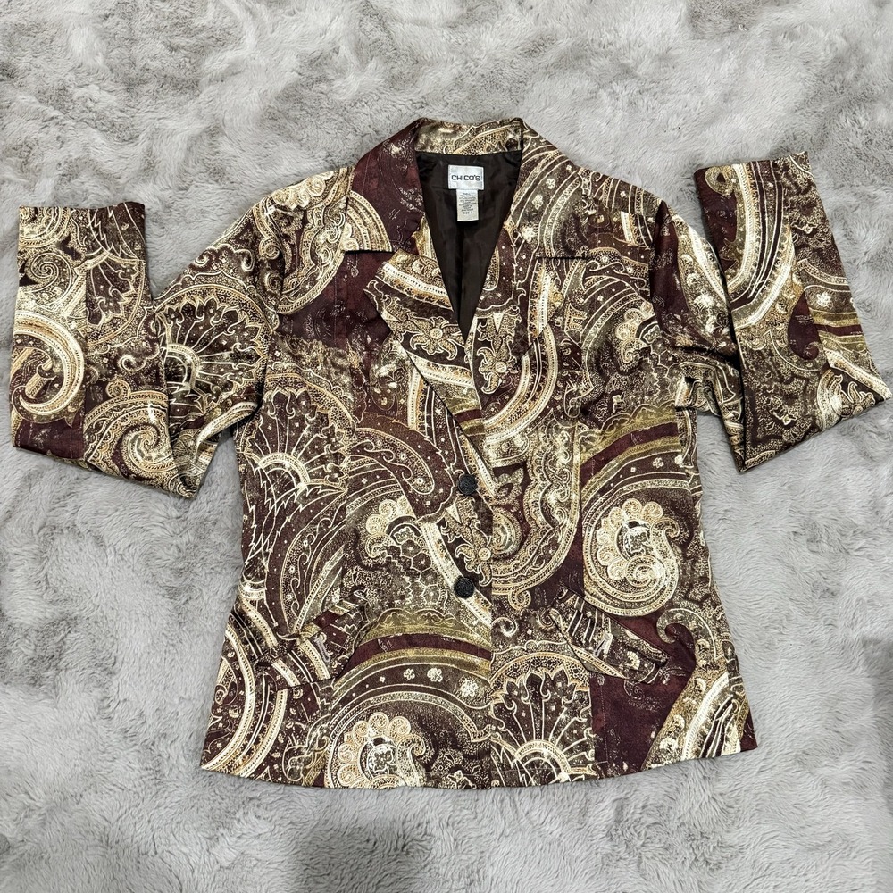 Chicos Size 1 Brown Paisley Design Suit Shiny Dressy Lined Blazer Jacket Festiva